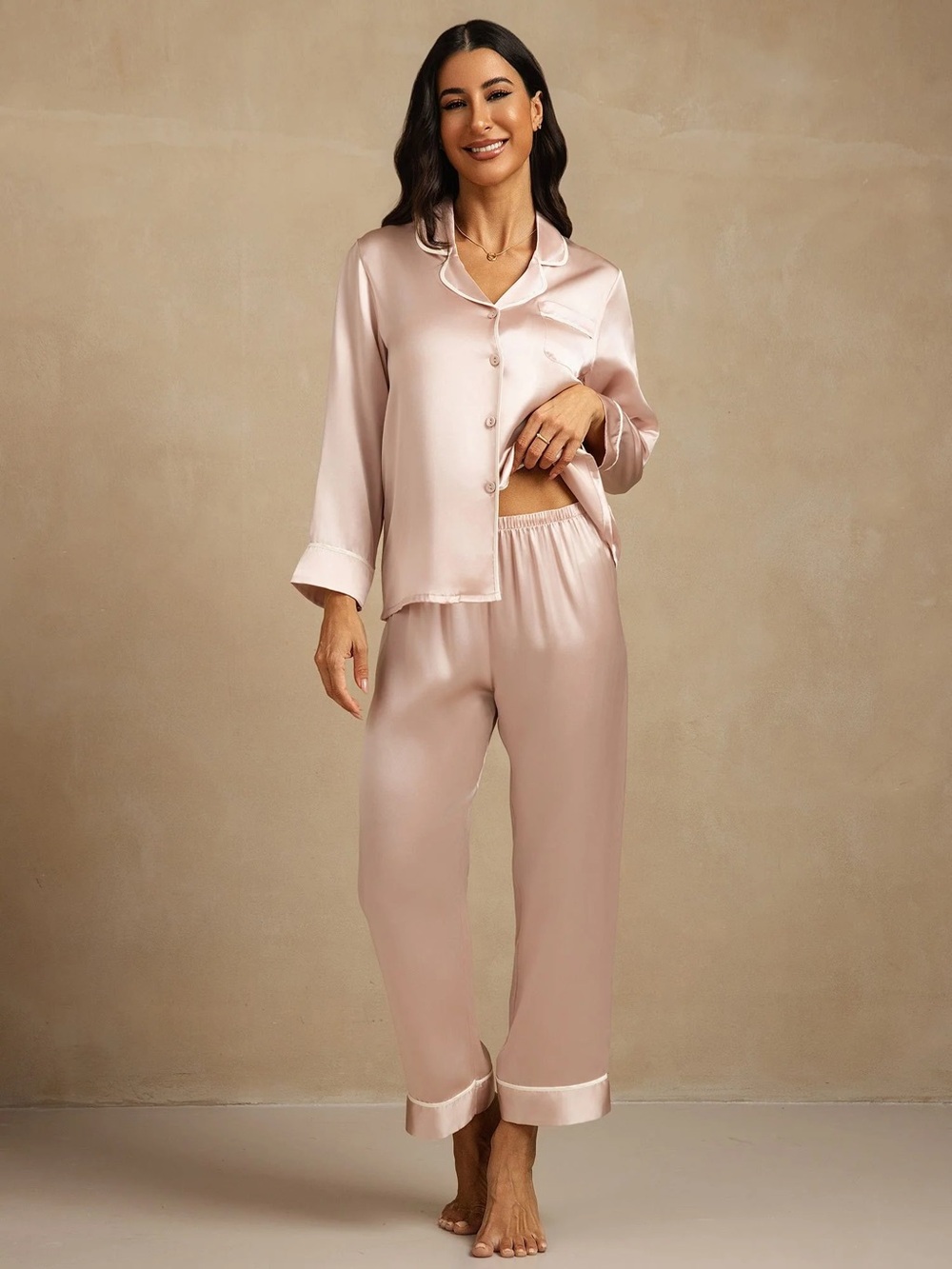 Silky Blush Pink Satin Pajama Set with Button-Down Top